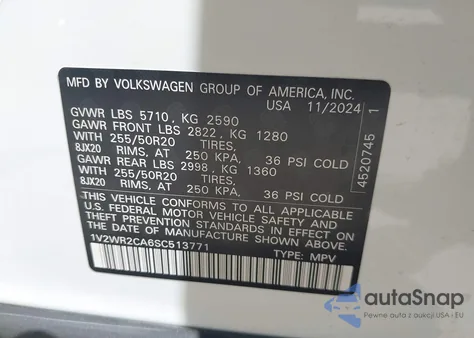 2025 Volkswagen Atlas 2.0T Se W/Technology z USA, uszkodzony, nr VIN 1V2WR2CA6SC513771